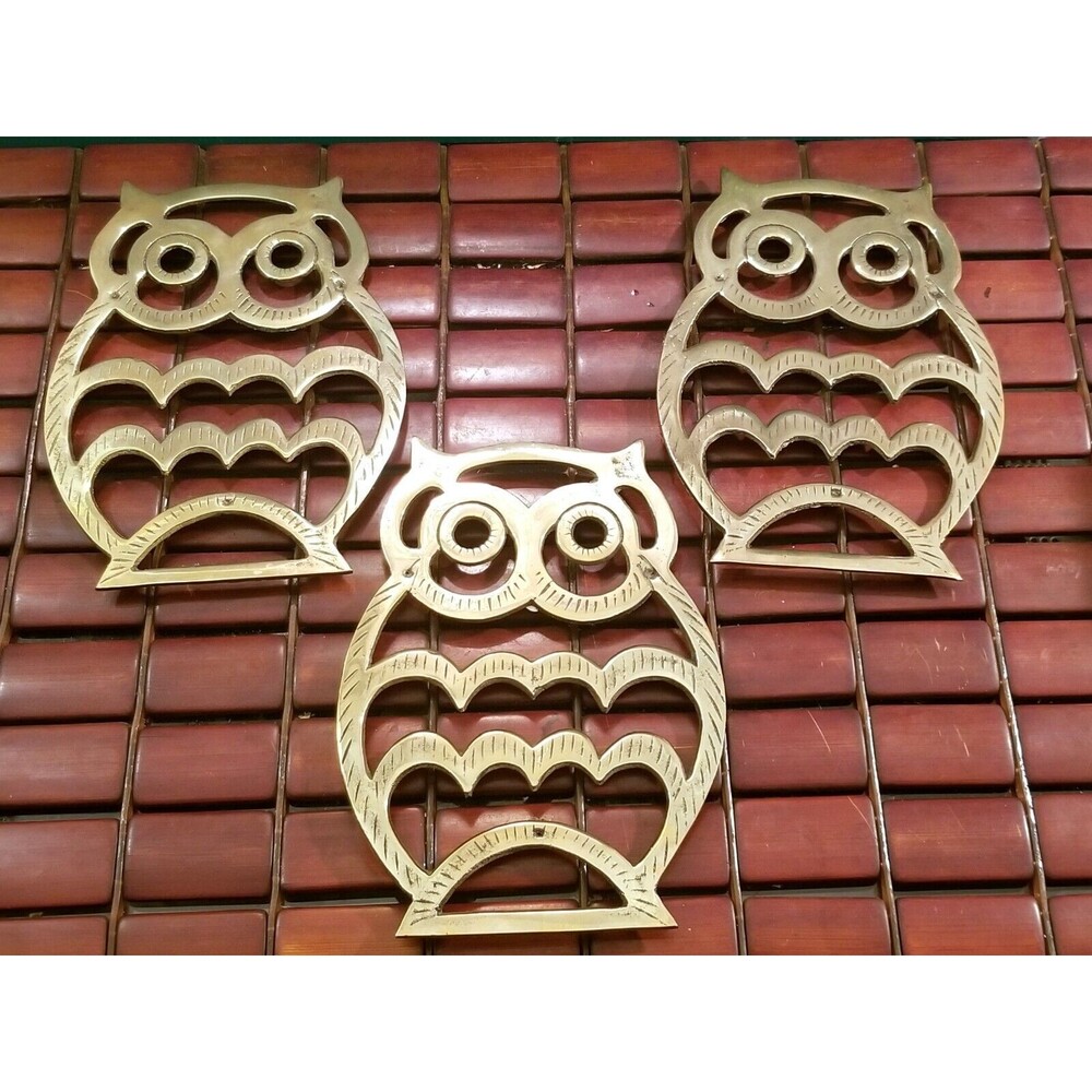 Set Of 3 Vintage Brass Owl Trivets 7.25"x5.25"